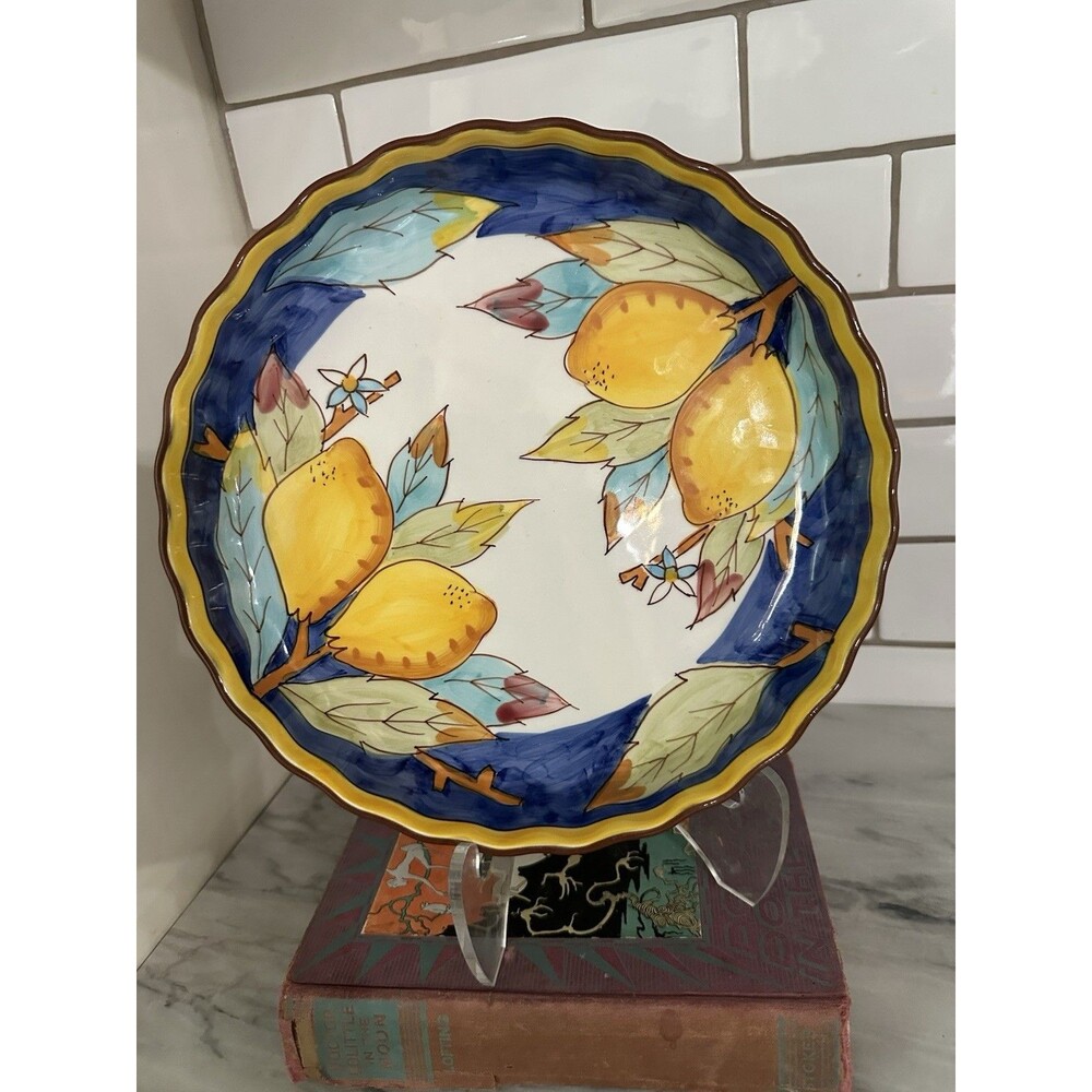 Baum Bros Lemons On Blue Collection Round Ceramic Pie Plate Pottery Glossy Vtg